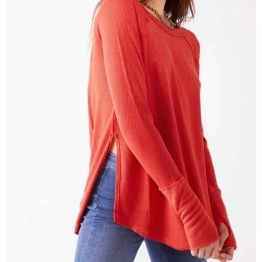 Free People Womens Oversized Red Waffle Knit Long Sleeve Pullover Top‎ Size M